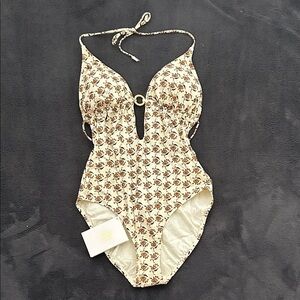 Tory Burch Cream and Brown Floral One Piece